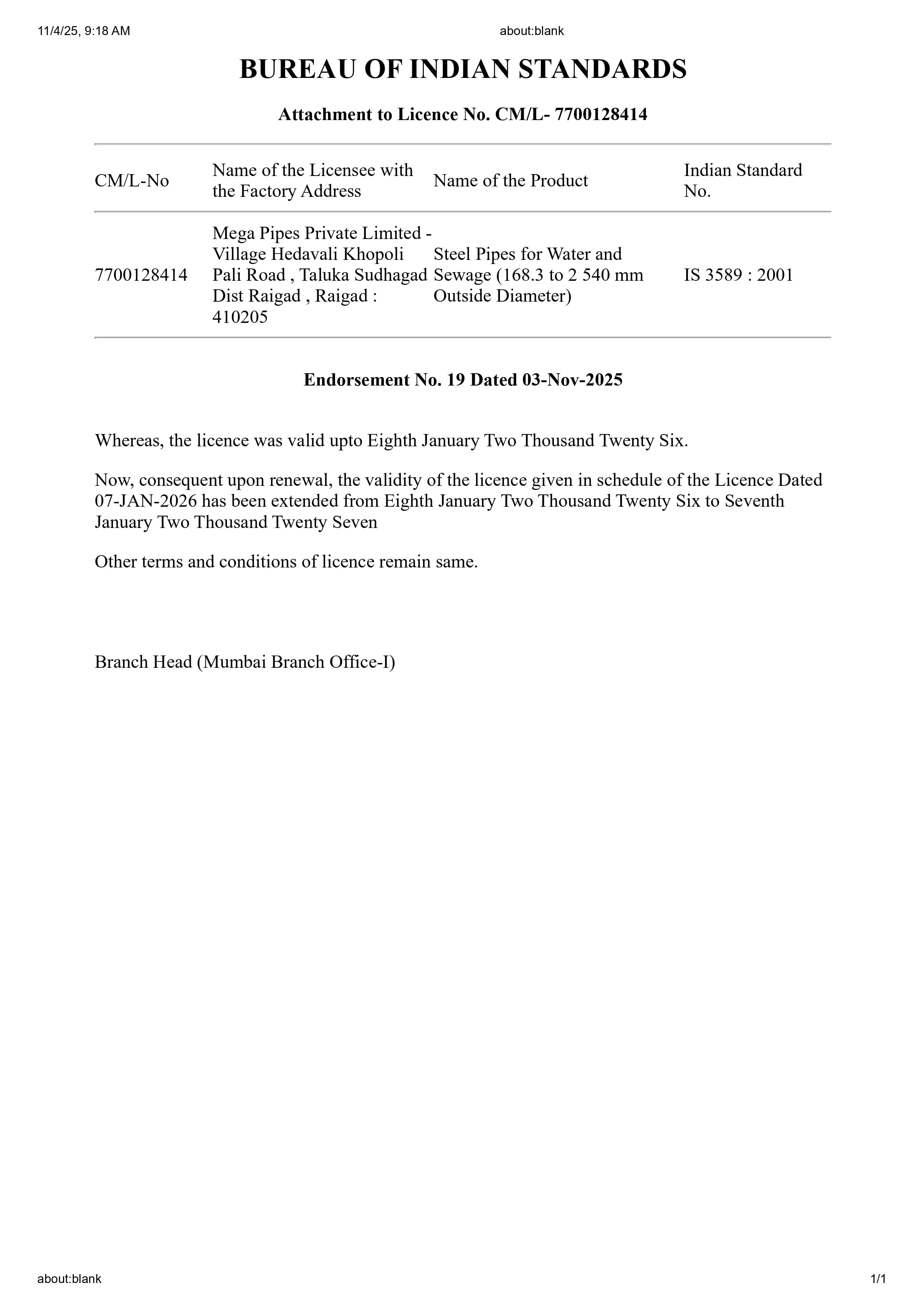 IS 3589:2001 – Khopoli Plant